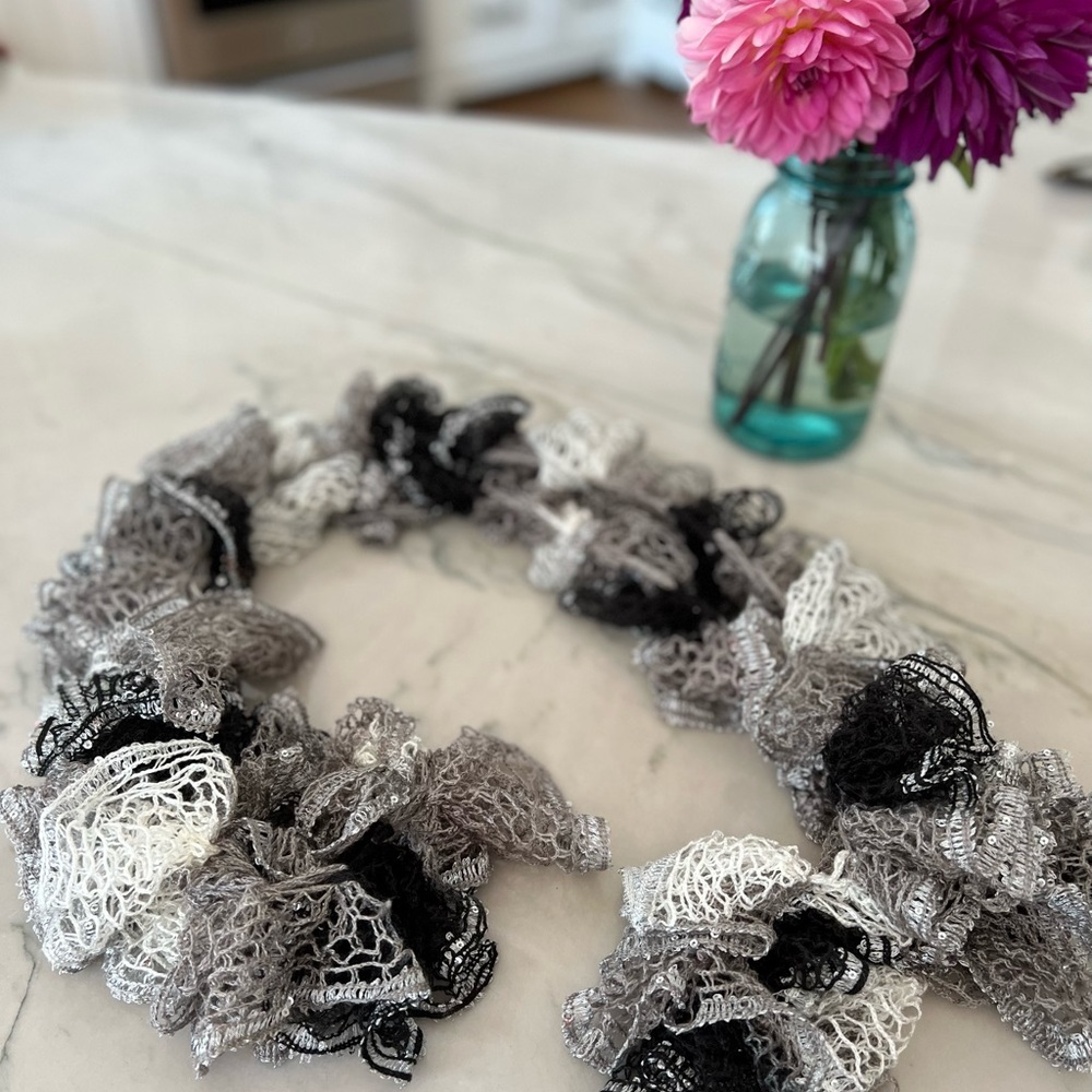 Knit sequins scarf colors black white and gray beautiful silver accents in it